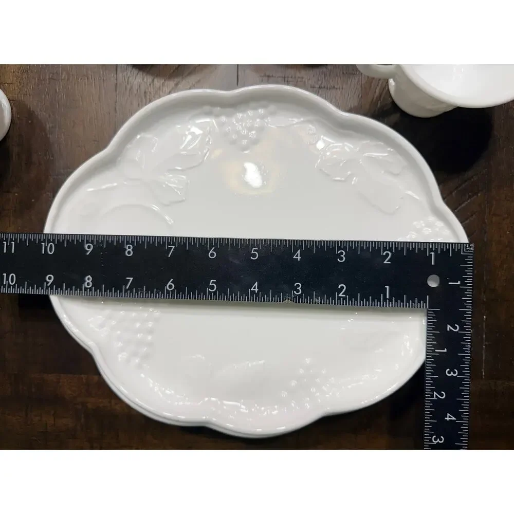 Set of 4 Vintage White Milk Glass Grapes & Vines Snack Plates Cups Snack Sets